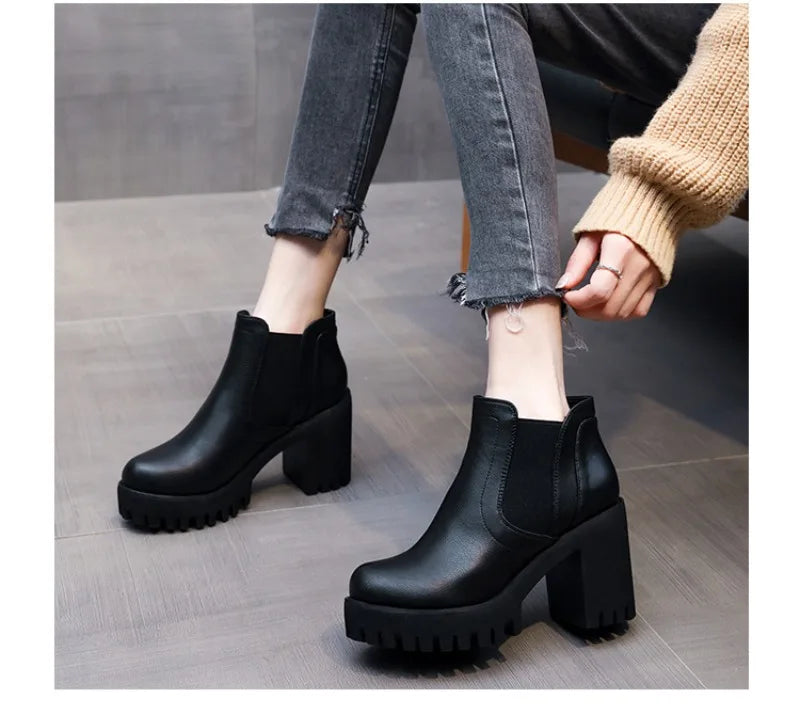 Botas Mujer Alta Calidad Casual - Suela Gruesa Tacón Alto Negro Trabajo