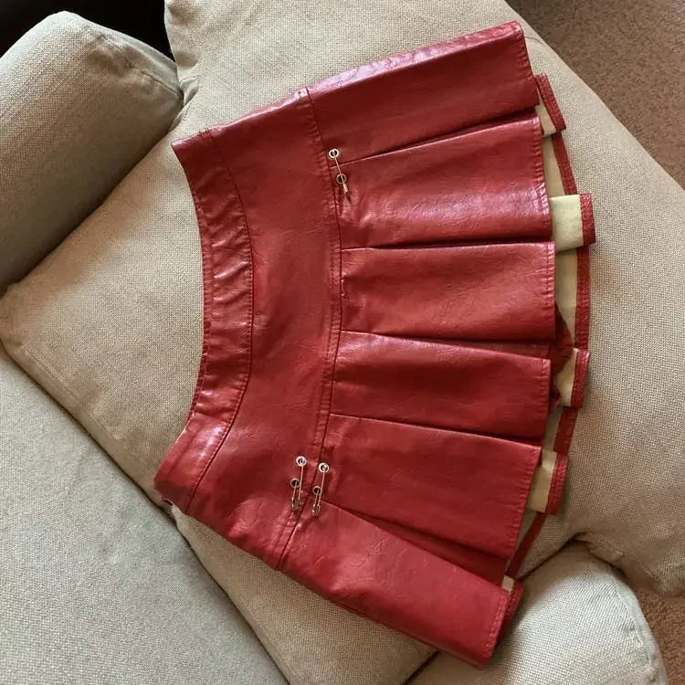 Falda Piel Plisada Mujer Mini - Falda Cuero PU Cintura Alta Roja Negra
