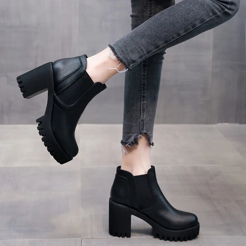 Botas Mujer Alta Calidad Casual - Suela Gruesa Tacón Alto Negro Trabajo
