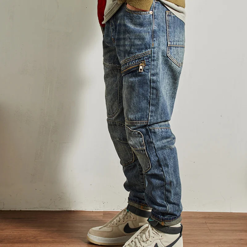 Vaqueros Moto Vintage Americanos - Jeans Cargo Parches Pesados Estilo Retro