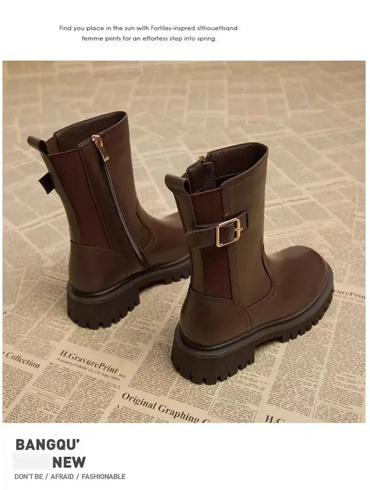 Botines Mujer 2025 Suela Gruesa - Color Sólido Punta Redonda Casual