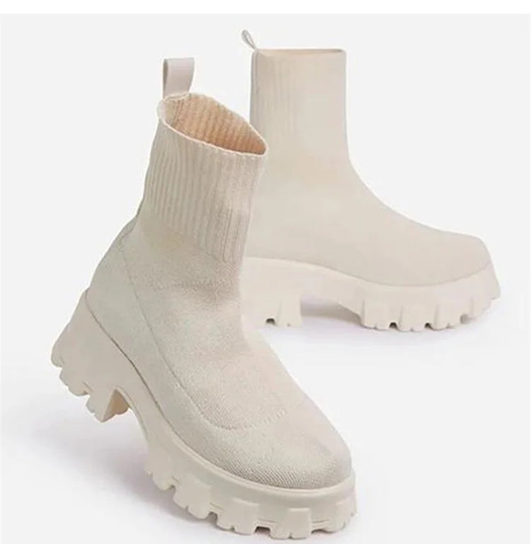 Botas Cortas Mujer Punto Plataforma - Tacón Otoño Invierno Blancas
