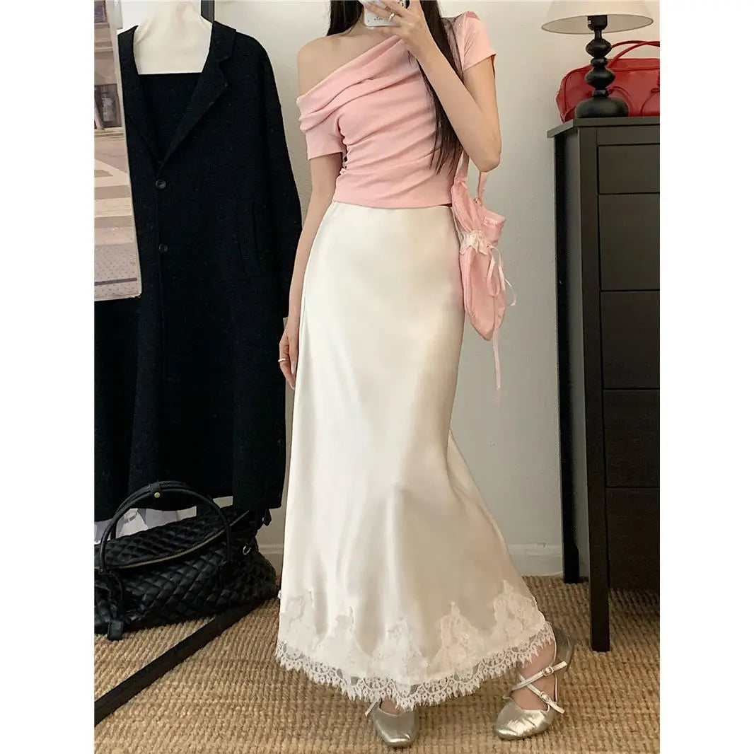 Falda Satén Mujer Larga Elegante - Falda Línea A Encaje Cintura Alta Verano