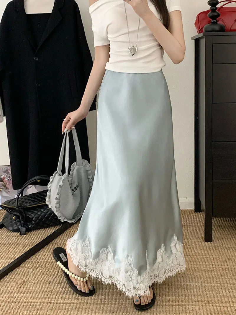 Falda Satén Mujer Larga Elegante - Falda Línea A Encaje Cintura Alta Verano