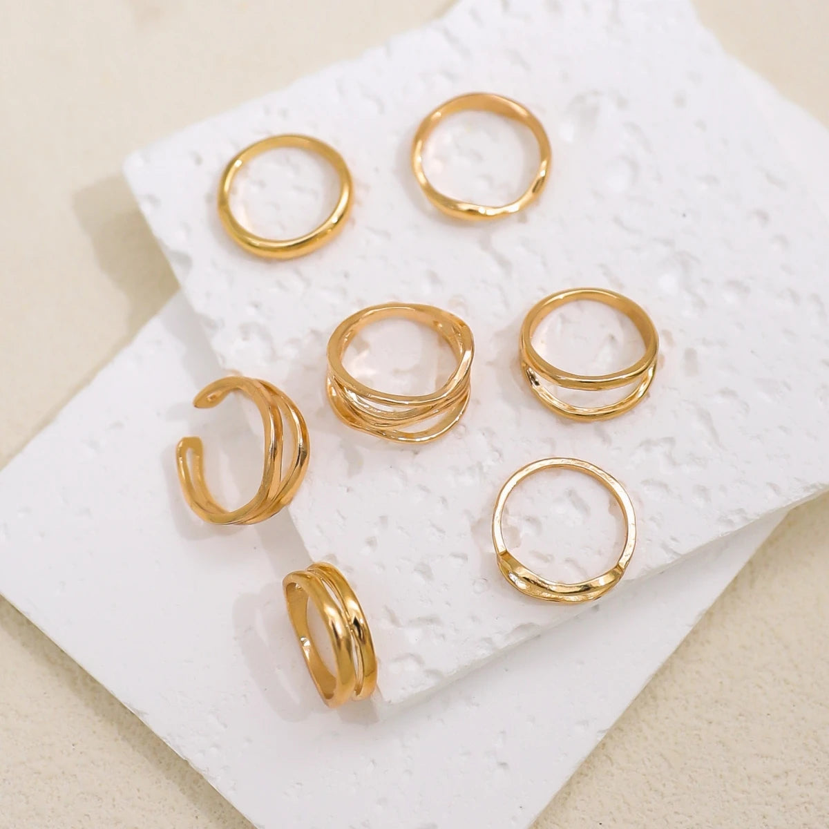 Set 7 Anillos Dorado Gruesos - Minimalistas Cruzados Apilables Mujer
