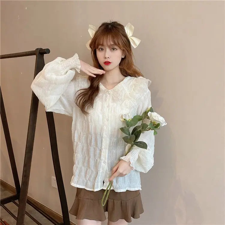 Camisa Cuello Peter Pan Mujer Coreana - Blusa Manga Larga Kawaii Primavera