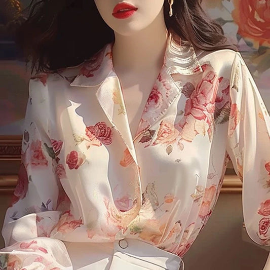 Blusa Mujer Verano Retro 2024 - Camisa Holgada Botones Cuello Alto