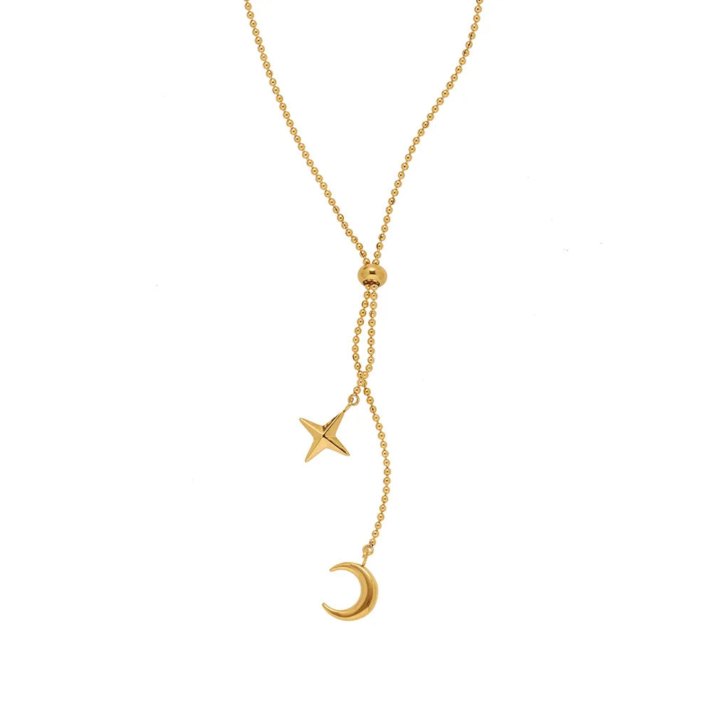 Collar Luna Estrellas Mujer - Acero Inoxidable Dorado Flecos Romántico