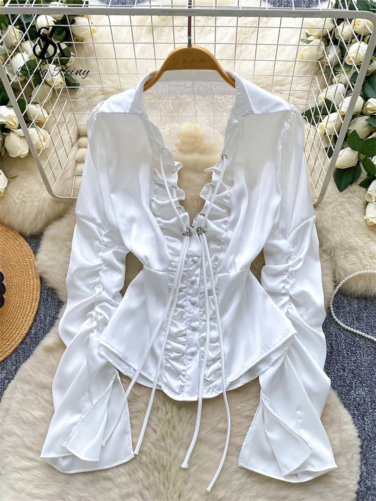 Blusa Mujer Sexy Encaje 2025 - Camisa Satén Cuello V Espalda Descubierta