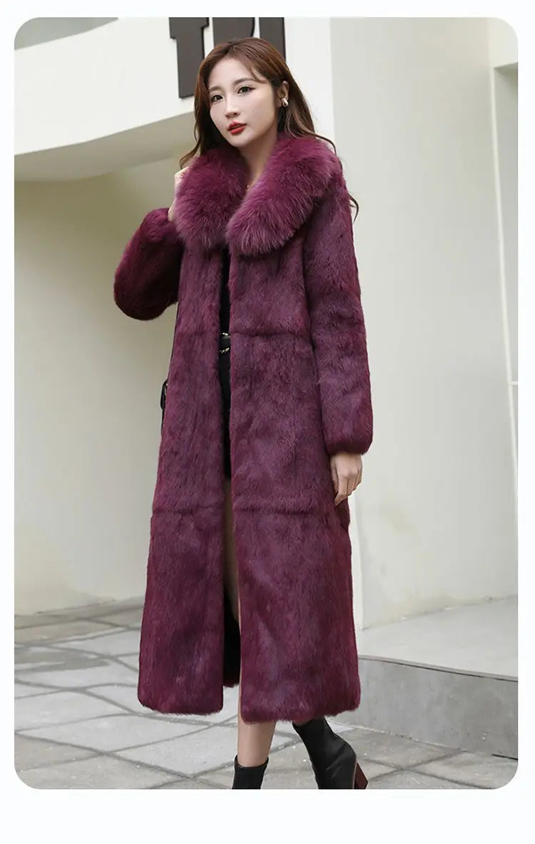 Abrigo Piel Conejo Rex Mujer - Abrigo Largo Cuello Zorro Fashion Invierno