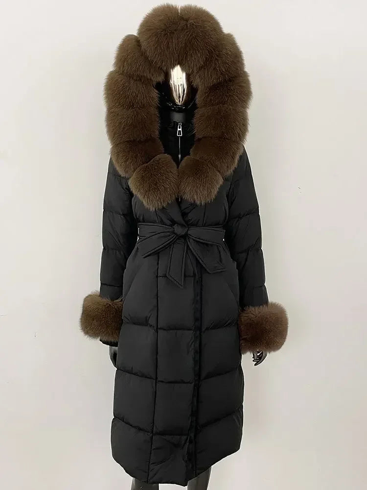 Abrigo Mujer Plumas Pato Piel Mapache - Chaqueta Larga Invierno Lujo