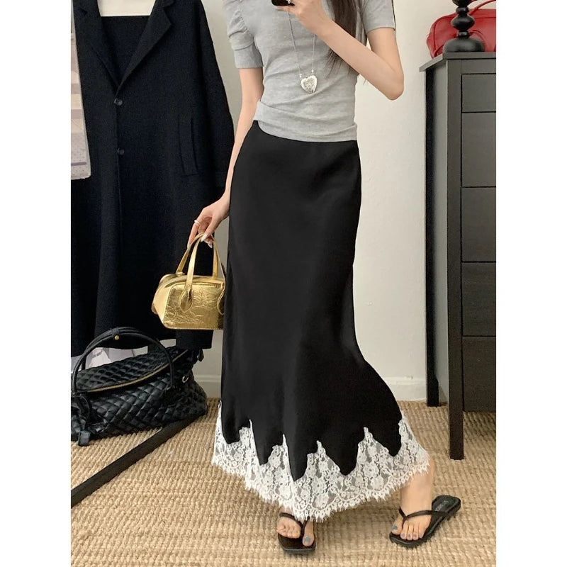 Falda Satén Mujer Larga Elegante - Falda Línea A Encaje Cintura Alta Verano