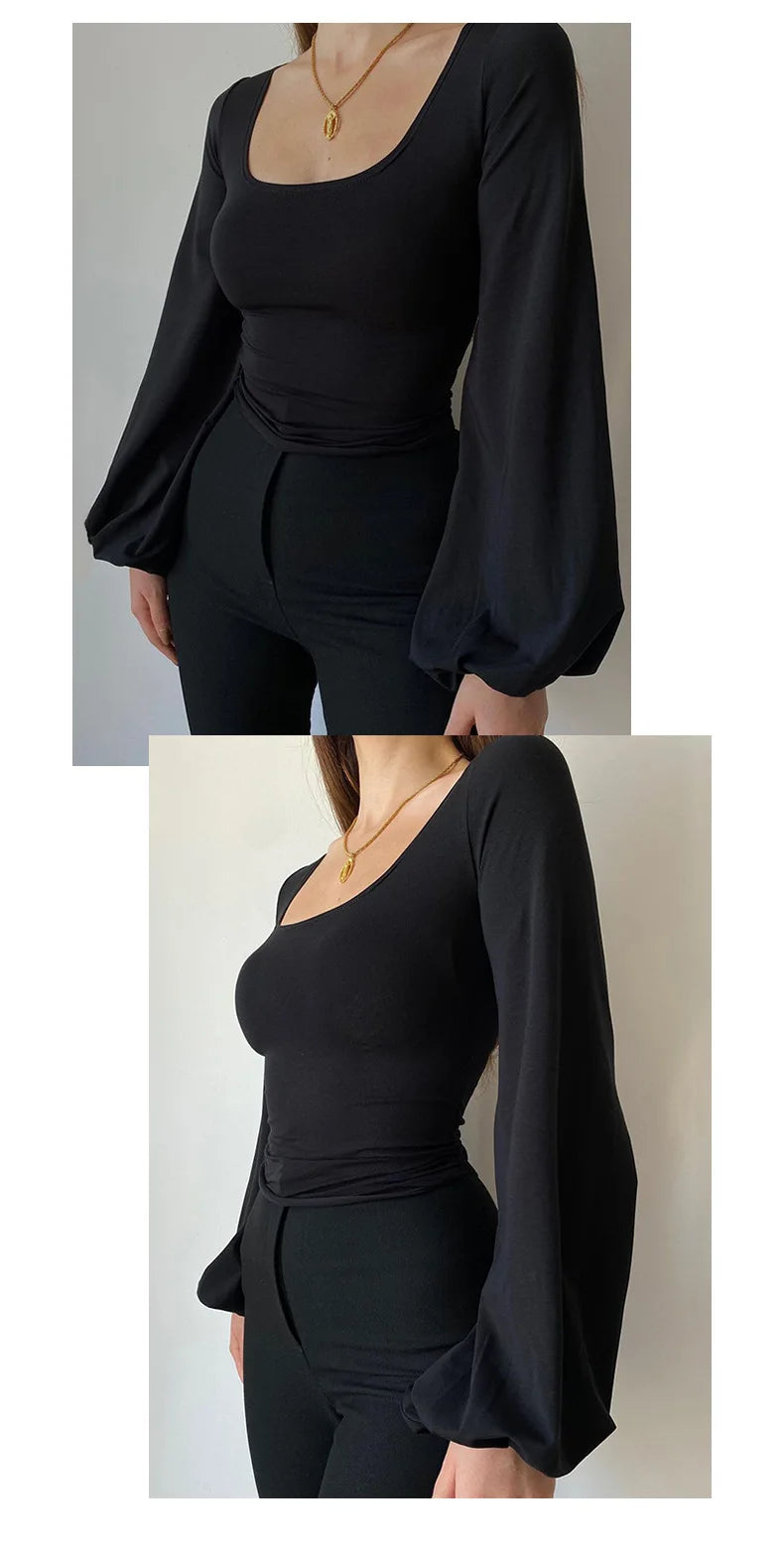 Blusa Negra Mujer Elegante - Top Manga Farol Cuello Cuadrado 2024