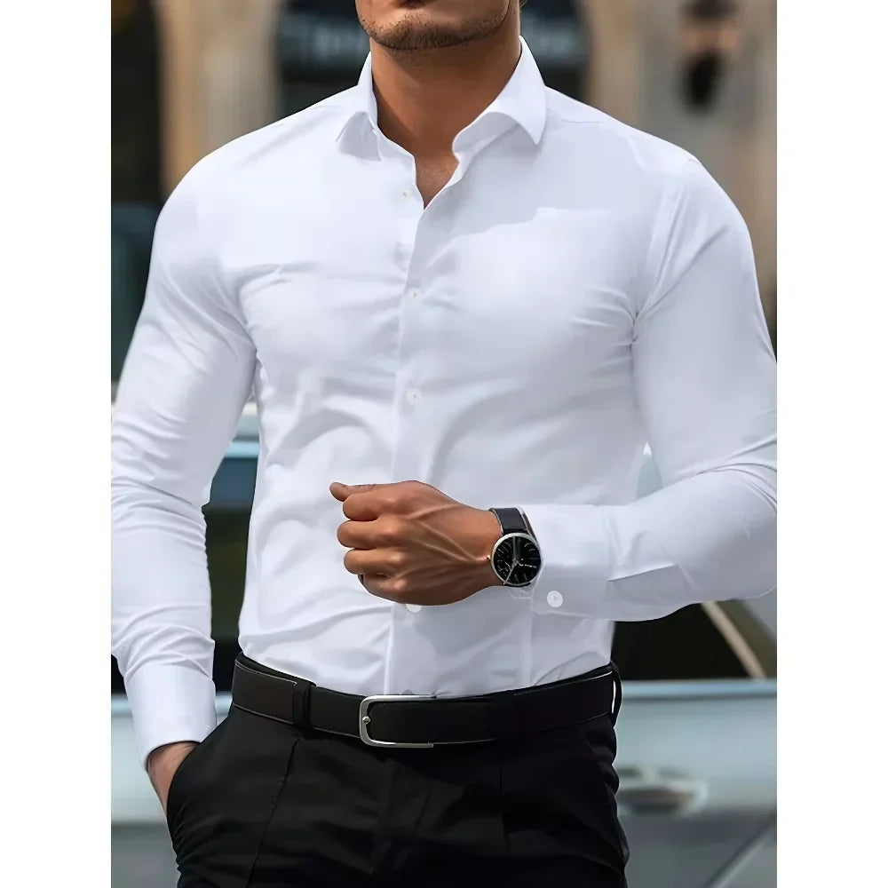 Camisa Formal Hombre Tejido Elástico | Manga Larga Elegante Oficina