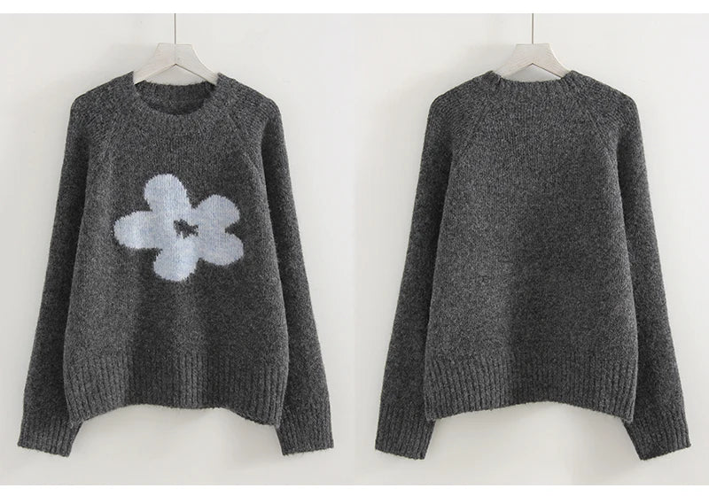 Jersey Mujer Invierno Flores Gris - Punto Holgado Cálido Vintage