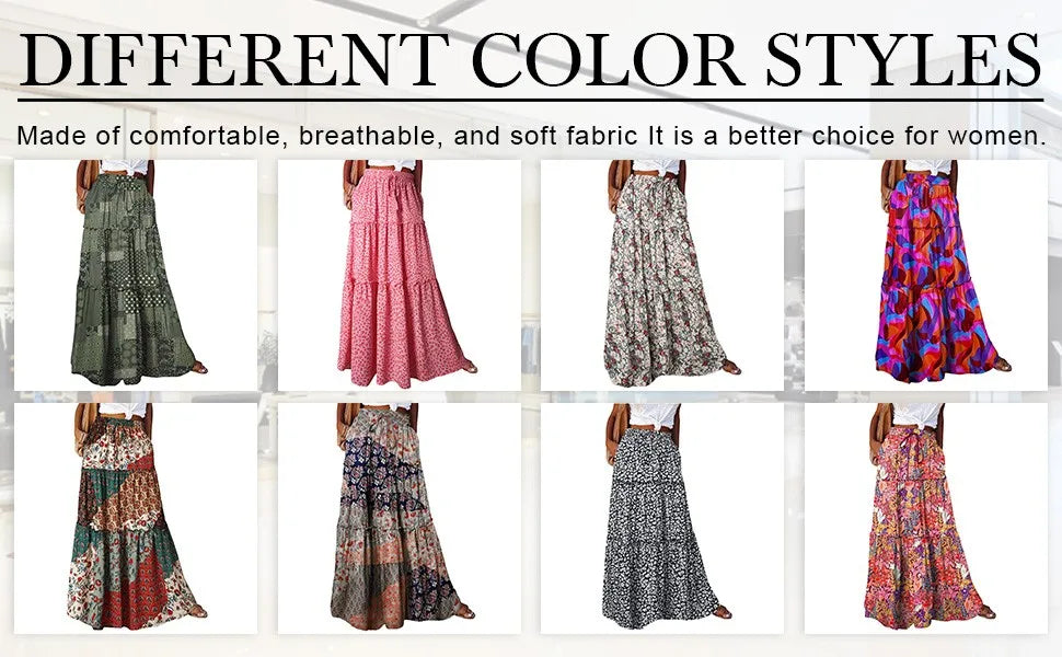 Falda Bohemia Mujer Larga Estampada - Falda Cintura Elástica Bolsillos Primavera