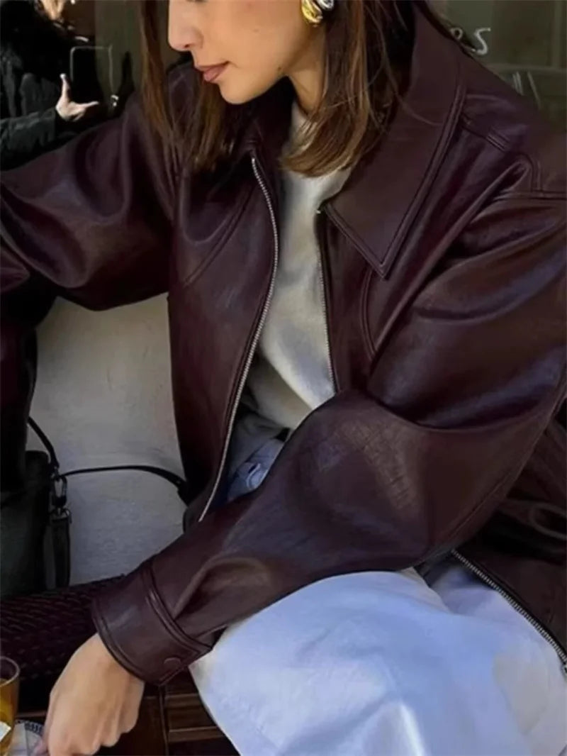 Chaqueta Cuero Mujer Burgundy - Chaqueta Retro Americana 2025