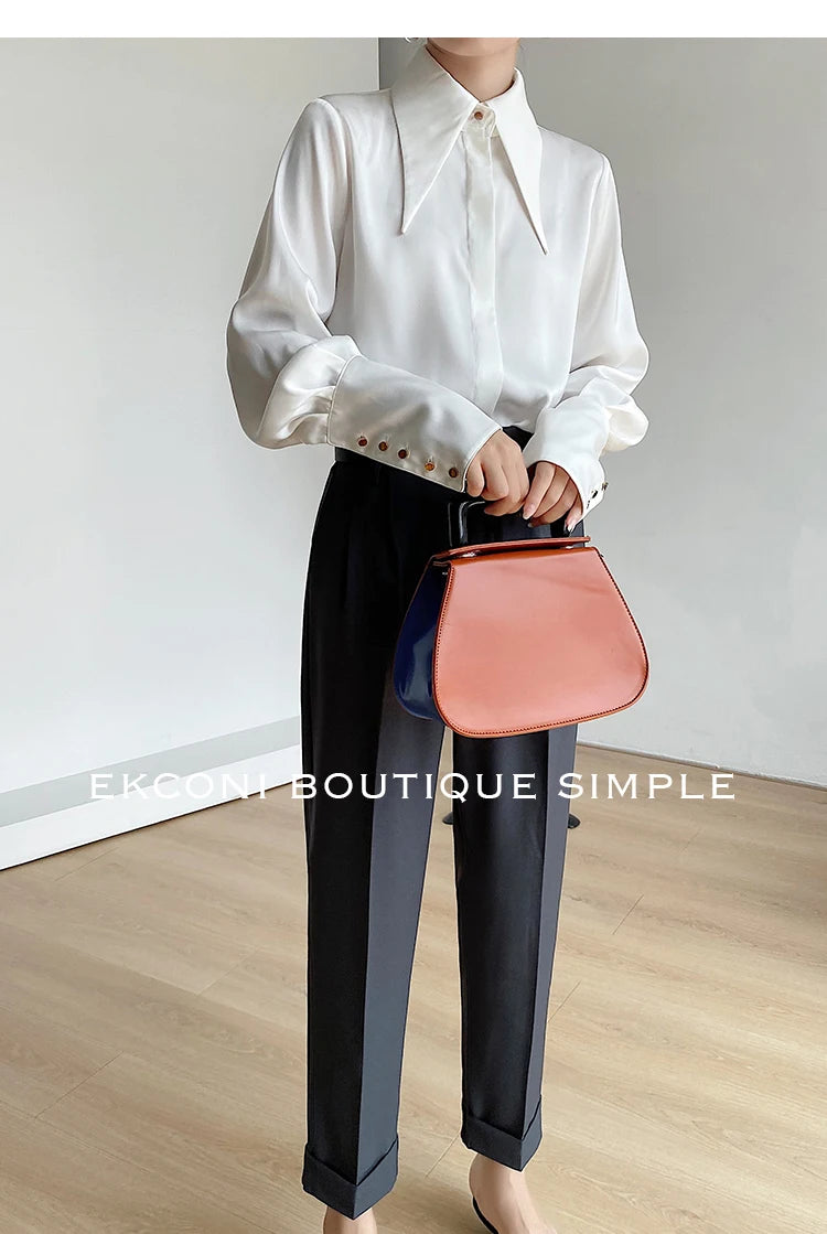 Camisa Satén Seda Mujer Vintage - Blusa Blanca Manga Larga Elegante