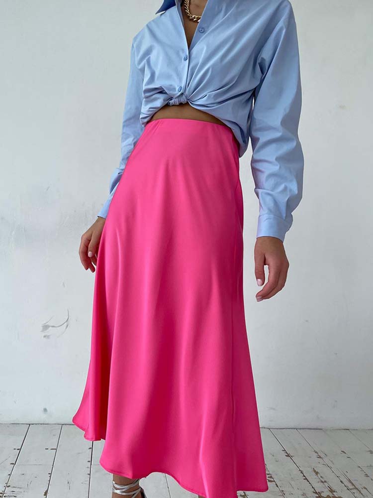 Falda Satén Mujer Púrpura Elegante - Falda Línea A Cintura Alta Fashion 2025