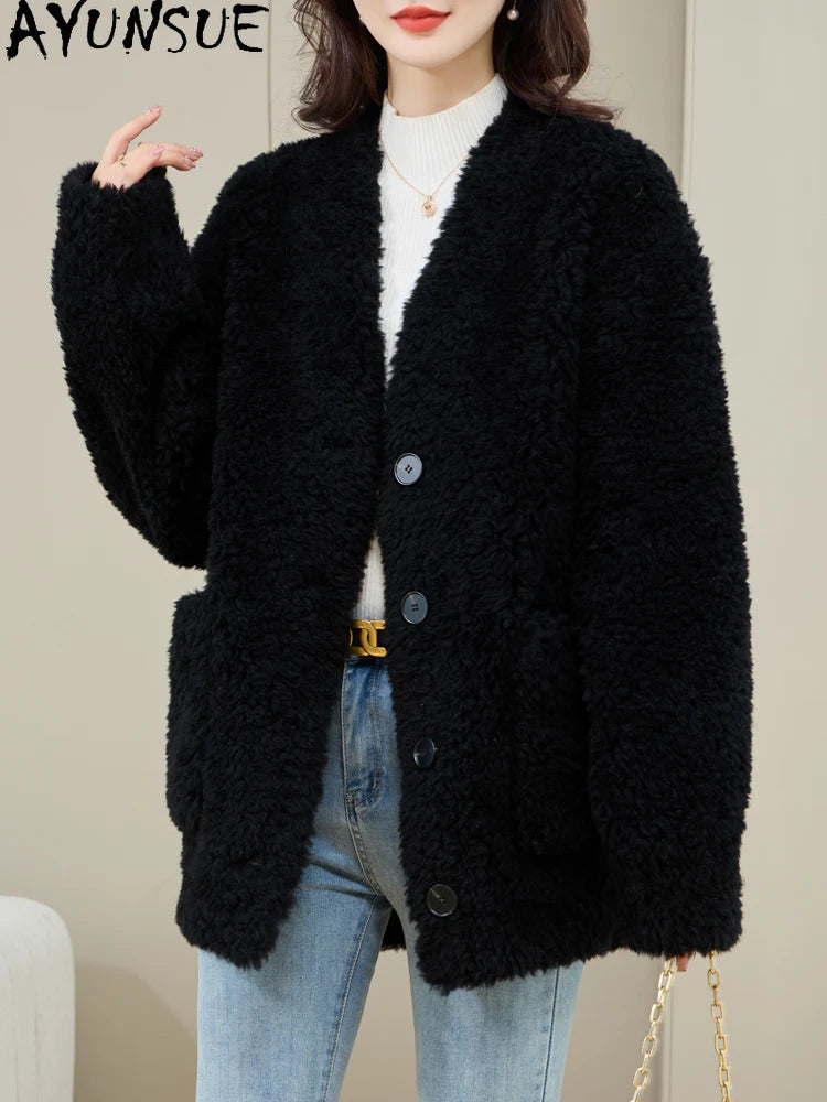 Chaqueta Lana Mujer Natural - Chaqueta Cordero Cuello V Media Largo 2025