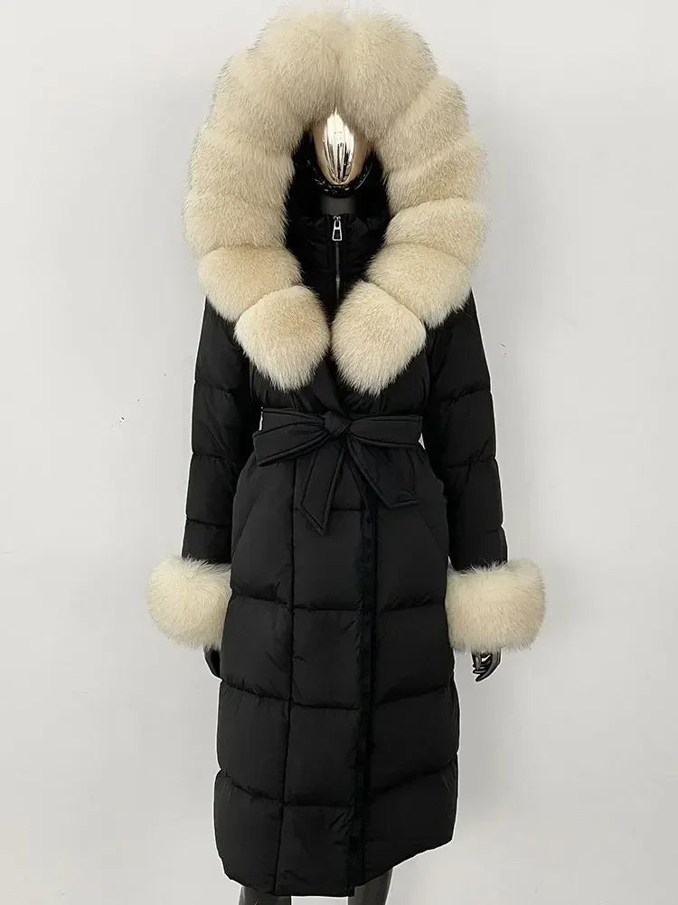 Abrigo Mujer Plumas Pato Piel Mapache - Chaqueta Larga Invierno Lujo