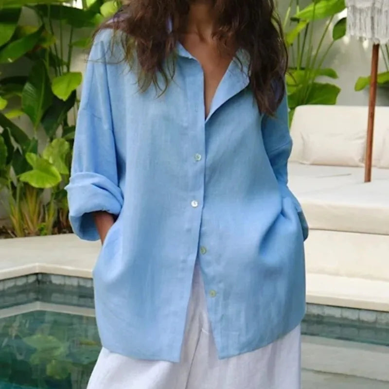 Camisa Mujer Verano Oficina - Blusa Manga Larga Solapa Elegante