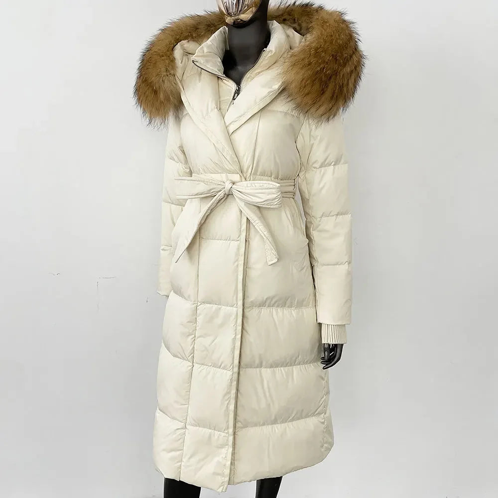 Abrigo Mujer Plumas Pato Piel Mapache - Chaqueta Larga Invierno Lujo