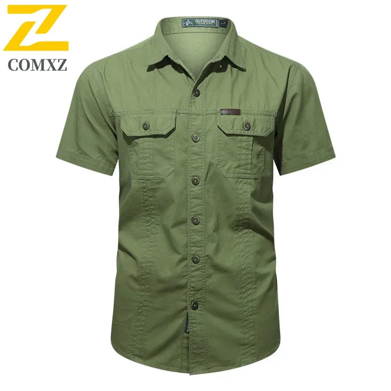 Camisa Hombre Trabajo Cargo 2025 - 100% Algodón Manga Corta Multi-Bolsillos Pesca Caza Verano