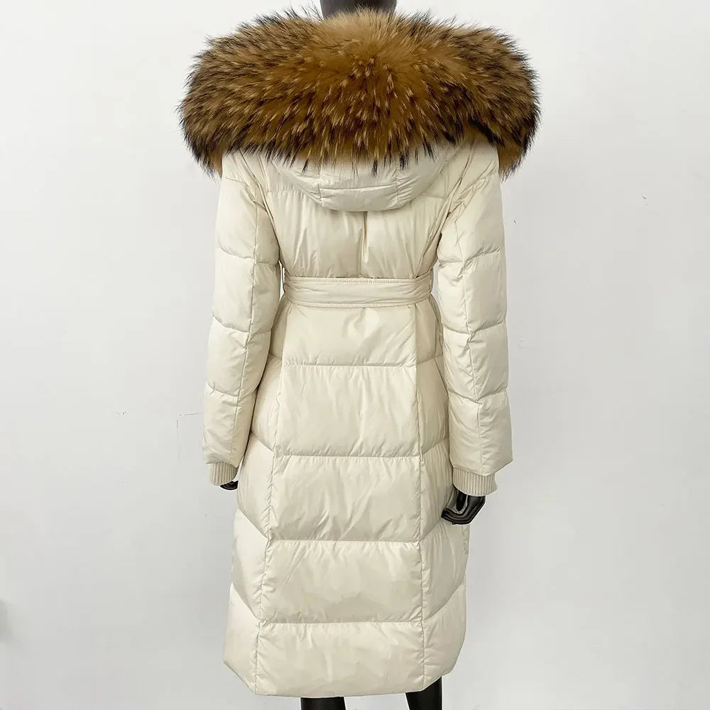 Abrigo Mujer Plumas Pato Piel Mapache - Chaqueta Larga Invierno Lujo
