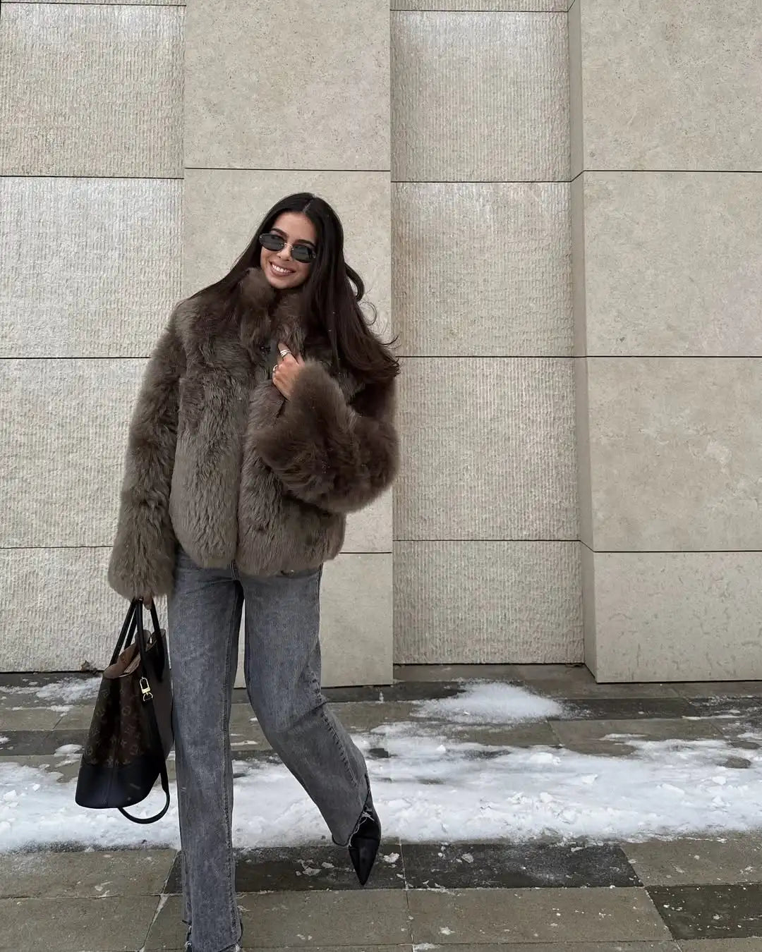 Chaqueta Piel Mujer Color Sólido - Chaqueta Cuello Alto Botón 2025