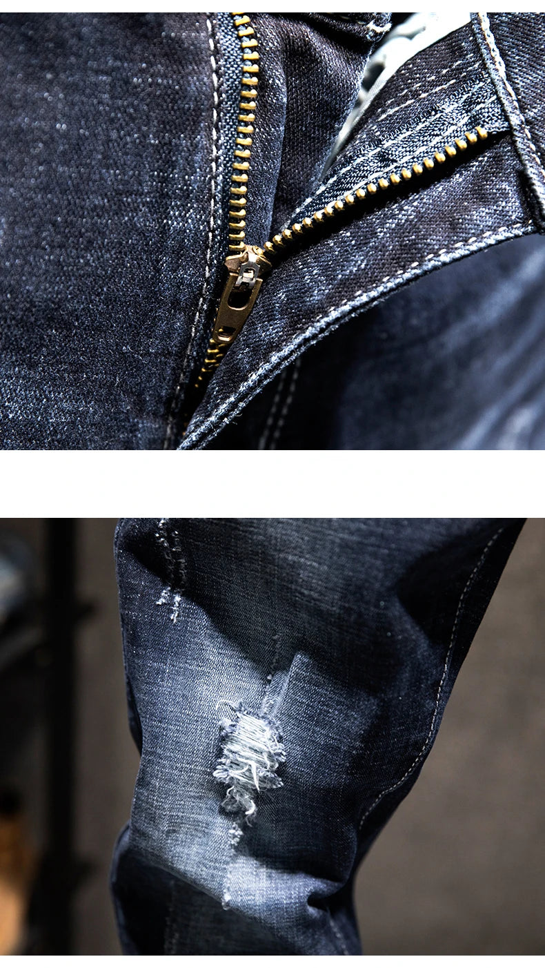 Vaqueros Rotos Hombre 2025 Coreanos - Jeans Slim Fit Algodón Elásticos Azul Negro