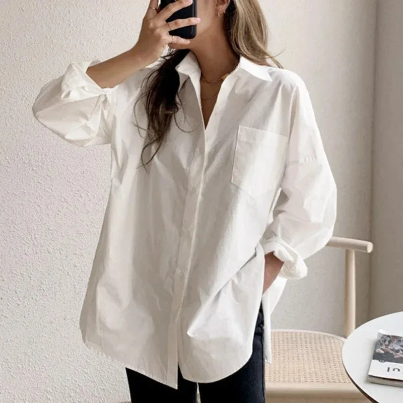 Camisa Algodón Mujer Blanca Oficina - Blusa Manga Larga Elegante