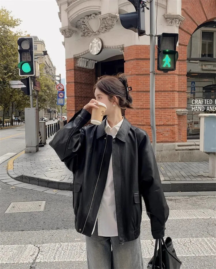 Chaqueta Cuero Mujer Americana - Chaqueta Moto Café Retro 2024