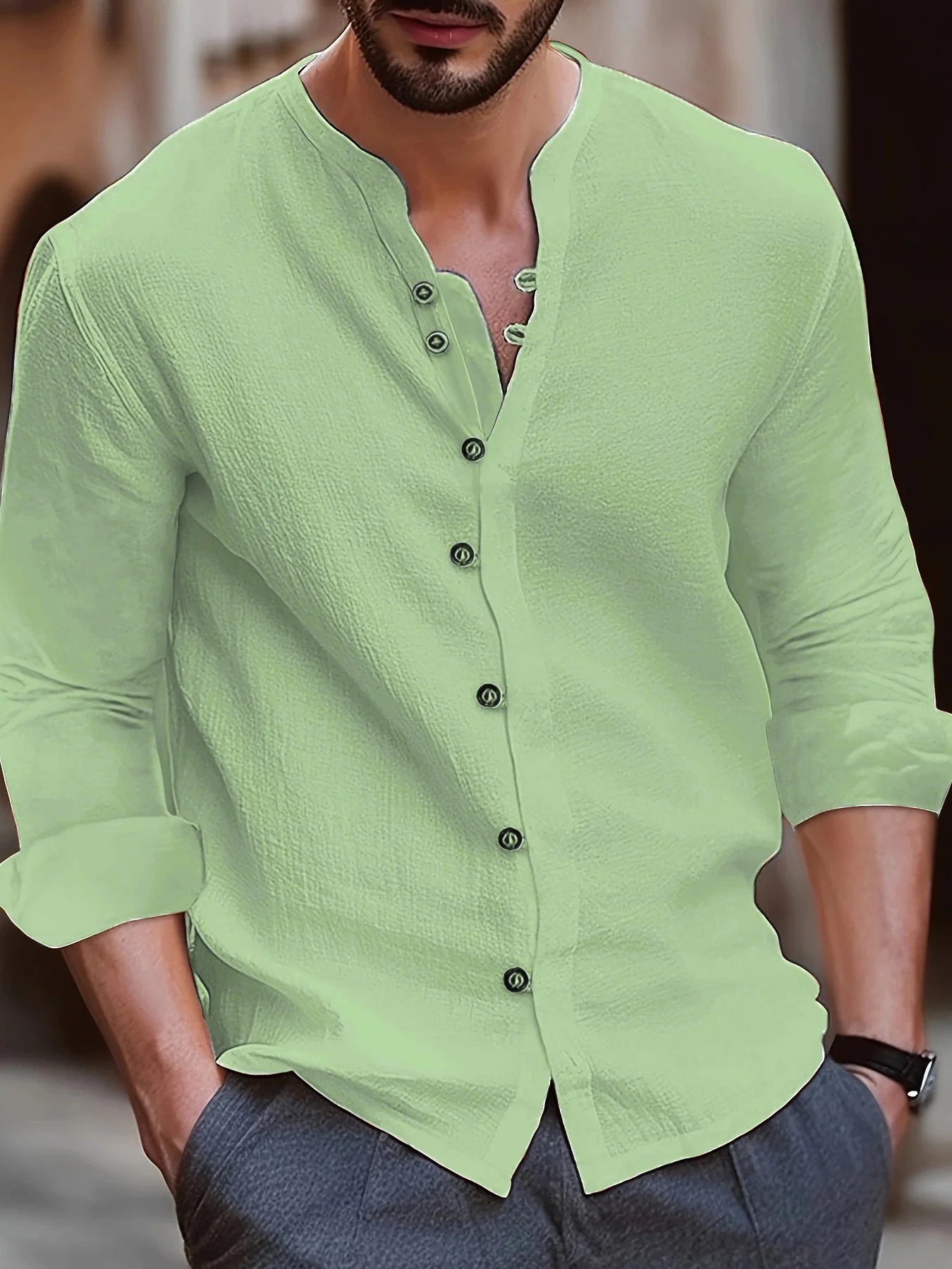 Camisa Hombre Cuello Mao - Slim Fit Color Sólido Casual Outdoor