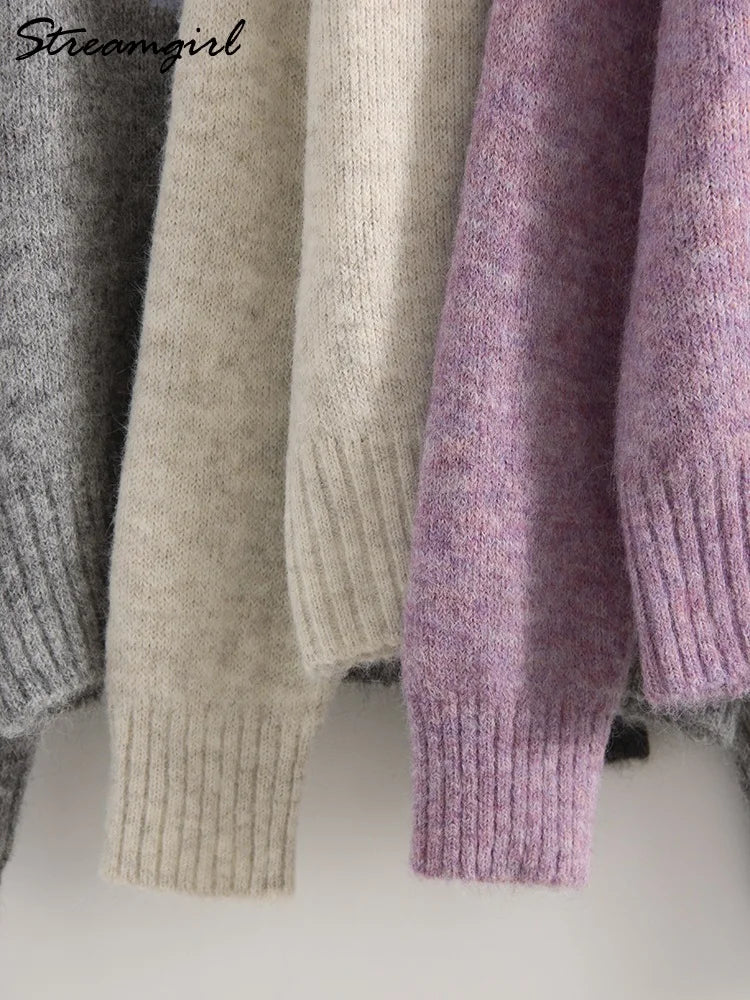 Jersey Mujer Invierno Flores Gris - Punto Holgado Cálido Vintage