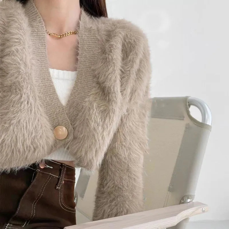 Cárdigan Mujer Corto Cuello V Punto - Sexy Crop Manga Larga Otoño Invierno