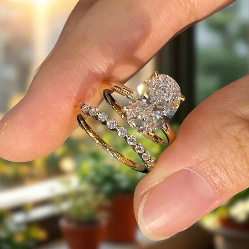 Anillo Plata 925 Oval Circonita - Set Apilable Boda Lujo Mujer