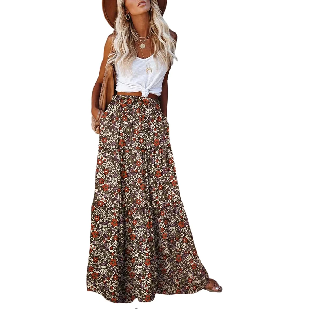 Falda Bohemia Mujer Estampada 2025 - Falda Cintura Elástica Bolsillos Larga