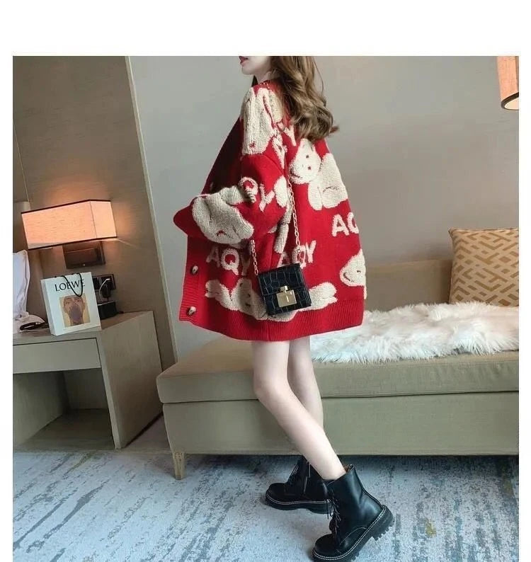 Cárdigan Mujer Navidad Punto Dibujos - Holgado Cuello V Manga Larga Vintage