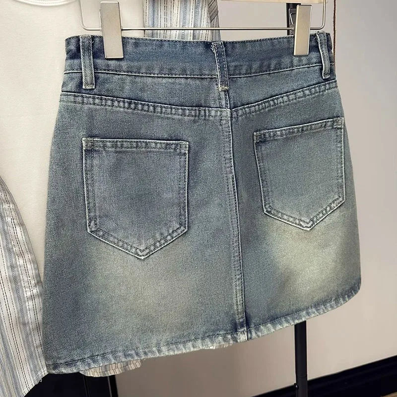 Falda Denim Mujer Vintage Coreana - Falda Vaquera Mini Cintura Alta Elegante