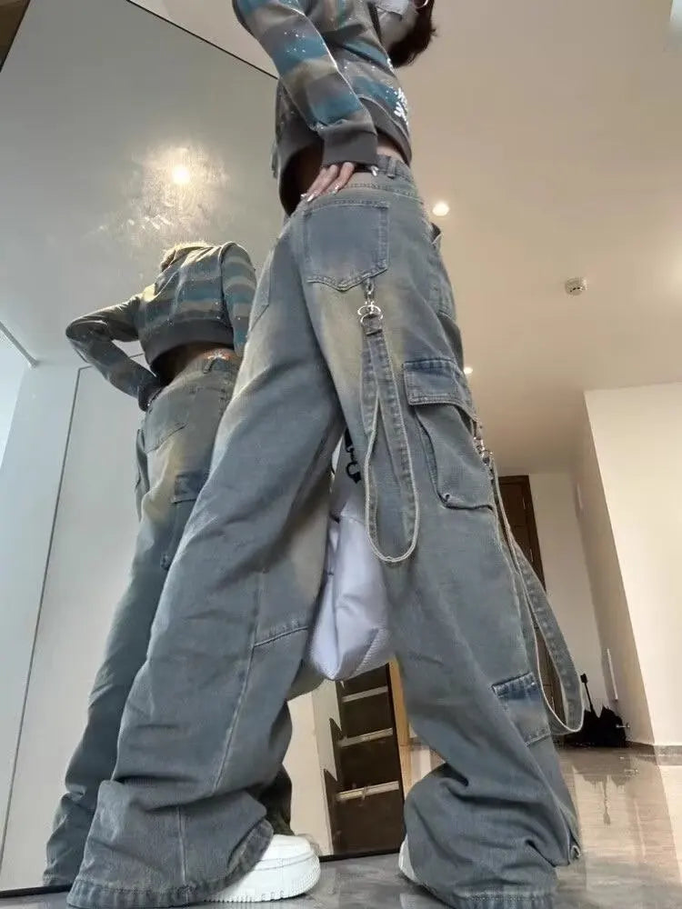 Jeans Cargo Mujer Bolsillos - Pantalón Denim Cintura Alta Holgado