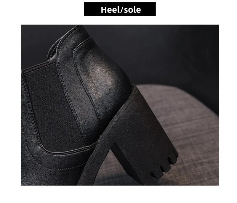Botas Mujer Alta Calidad Casual - Suela Gruesa Tacón Alto Negro Trabajo