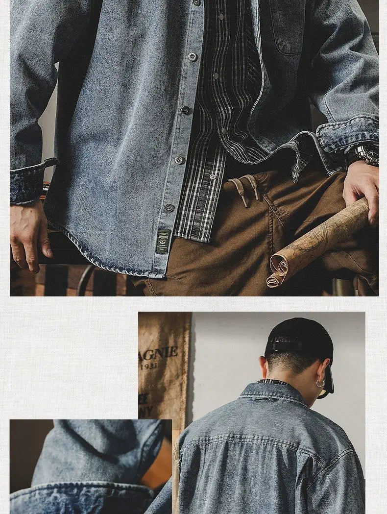 Camisa Denim Hombre Retro Trabajo - Casual Chaqueta Primavera Otoño Azul Manga Larga
