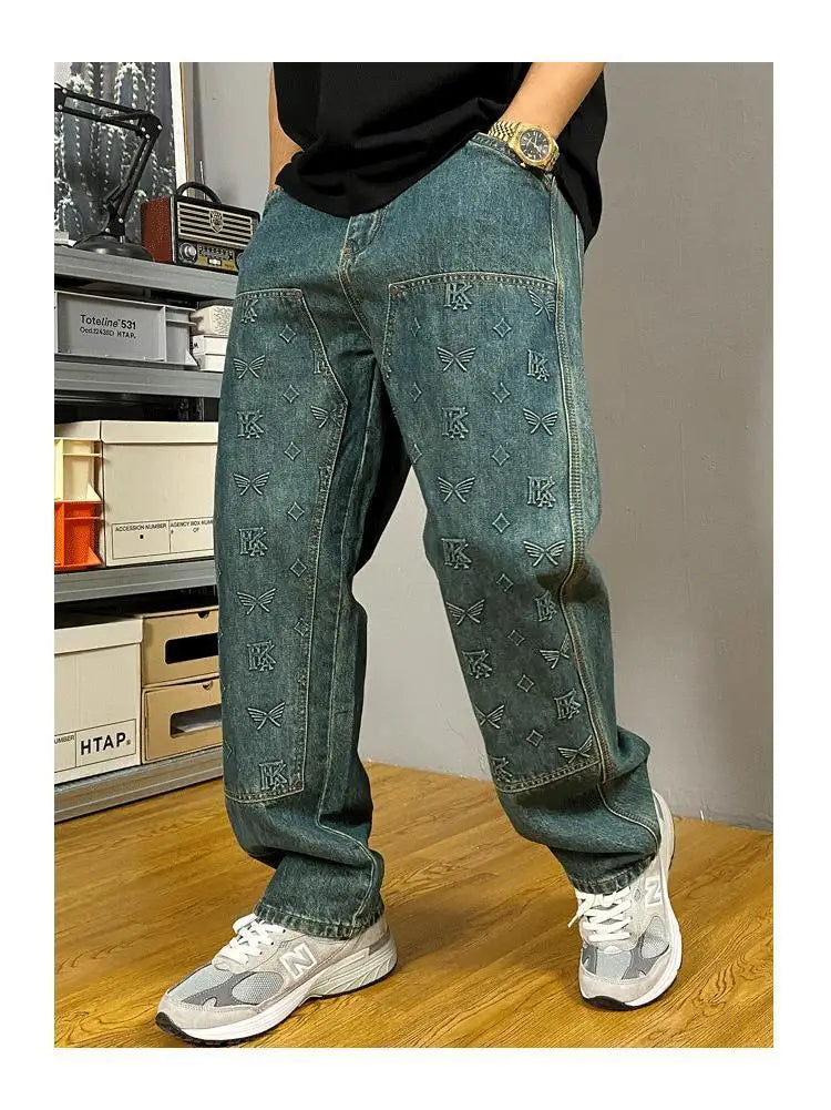 Vaqueros Workwear Hombre Bordados - Jeans Sueltos Rectos Retro Lavado Vintage Casuales