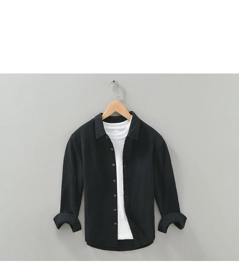 Camisa Hombre Gasa Doble Algodón - Casual Arrugada Manga Larga Suave Transpirable Cuello Cuadrado