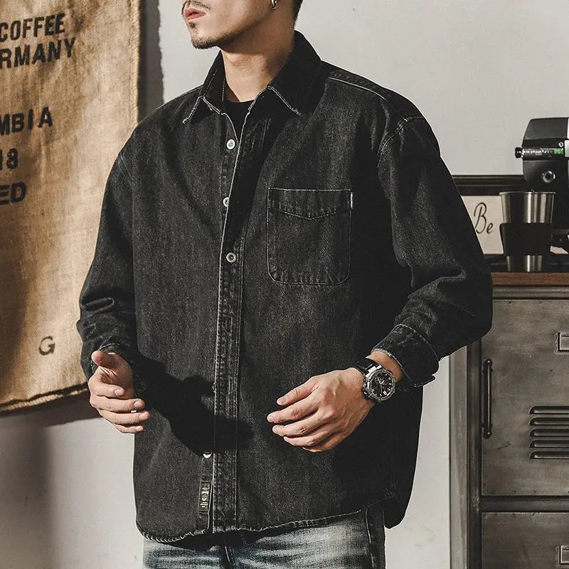 Camisa Denim Hombre Retro Trabajo - Casual Chaqueta Primavera Otoño Azul Manga Larga