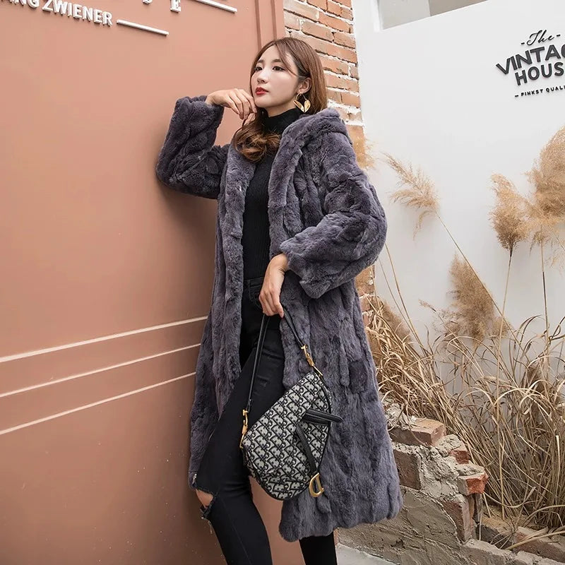Abrigo Piel Conejo Mujer Capucha - Abrigo Real 110cm Largo Invierno