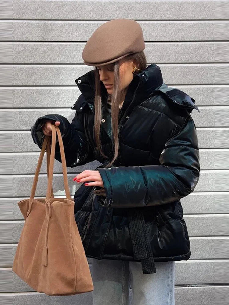 Abrigo Mujer Vintage Brillante - Abrigo Capucha Acolchado Cuello Alto 2025