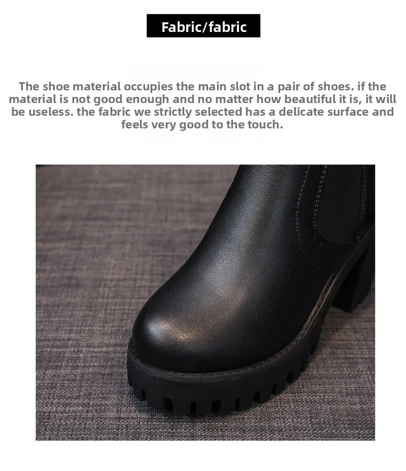 Botas Mujer Alta Calidad Casual - Suela Gruesa Tacón Alto Negro Trabajo
