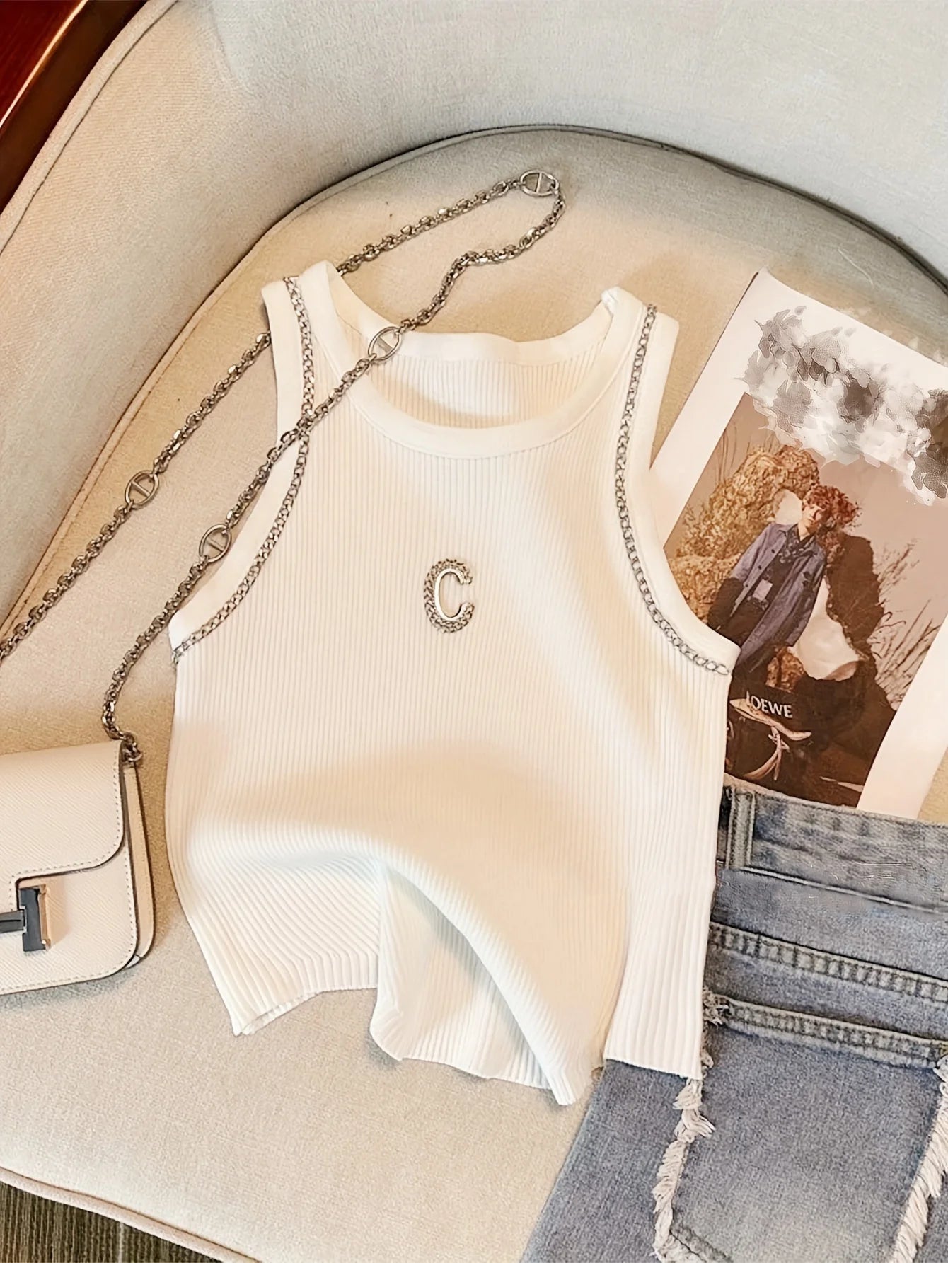 Top Crop Mujer Punto Cadena - Camiseta Sin Mangas Primavera